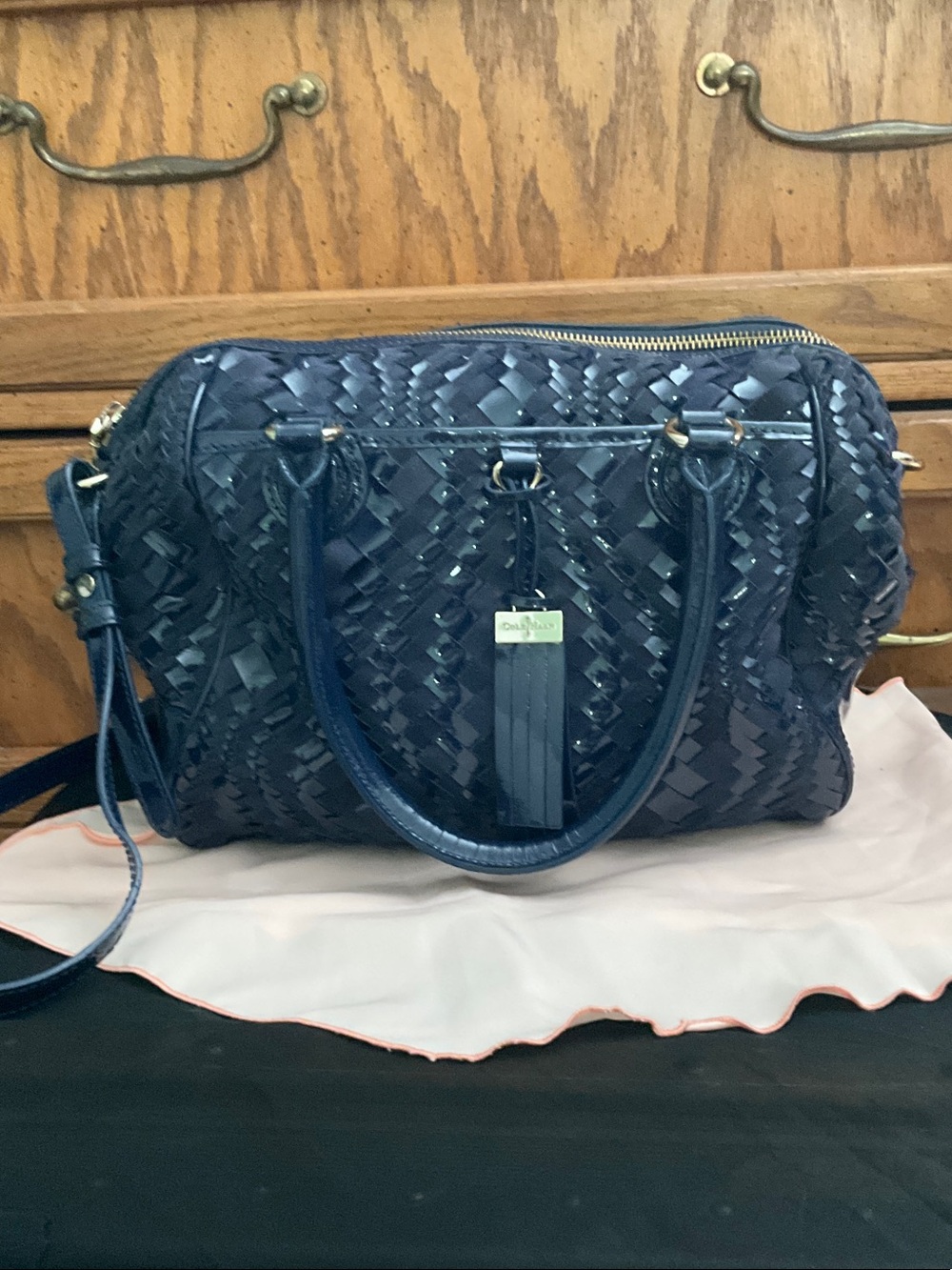 Cole Haan Navy Woven Patent Shoulder Bag with Gold Hardware